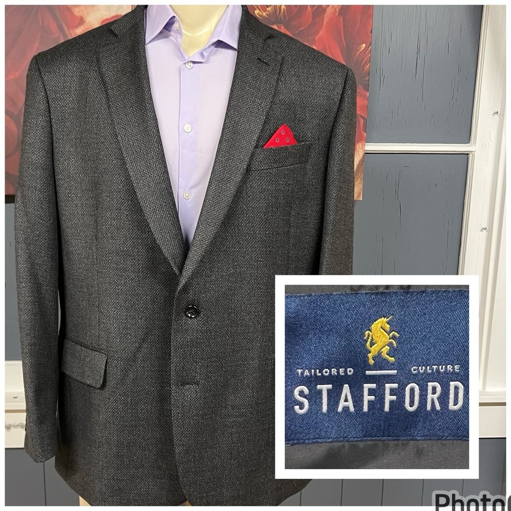 Stafford Knit Blazer Jacket Sport Coat Mens 50R Wool Blend Stretch Charcoal Gray